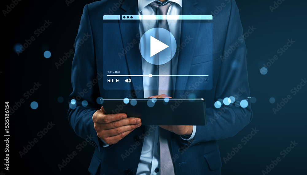 Poster Businessman using digital tablet with floating video player interface for online streaming content on dark abstract background.