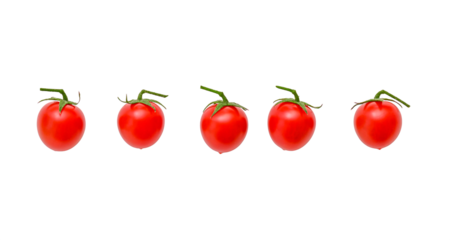 Row of small Cherry tomatoes isolated on white, clipping path, PNG
