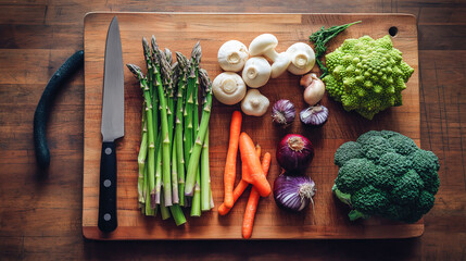 Fresh vegetables arranged on wooden cutting board