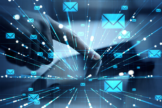 Digital email communication concept with glowing envelope icons, finger touching screen, and light trails on modern blue background. - Powered by Adobe