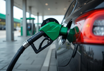 Close up of a green fuel nozzle refueling a black car at a modern gas station in daylight