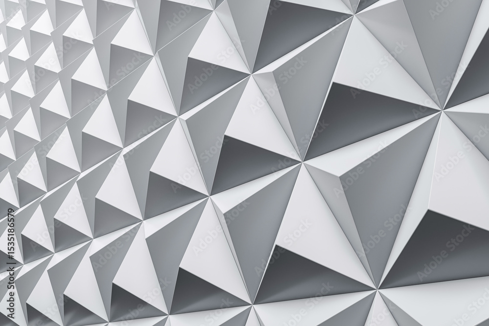Poster Geometric triangular wall panels with crystal-like abstract pattern in modern monochrome design, showing futuristic architectural texture view. 3D Rendering