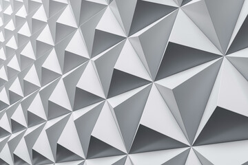 Geometric triangular wall panels with crystal-like abstract pattern in modern monochrome design, showing futuristic architectural texture view. 3D Rendering
