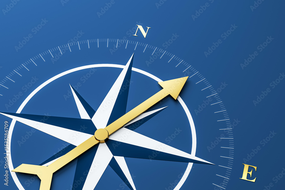 Aufkleber Golden compass arrow pointing north on a blue background with detailed markings and modern design representing navigation and business direction. 3D Rendering