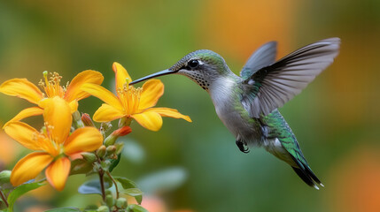 Naklejka premium macro shot of hummingbird’s slender beak reaching towards bright orange blossom in sharp focus 