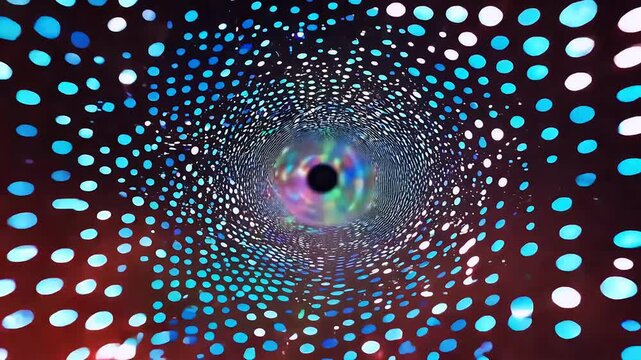 Colorful polka dot tunnel spins psychedelic strobe producing optical illusion depth VJ sets meditation intros crisp K render ensures vibrant retina pleasing visuals