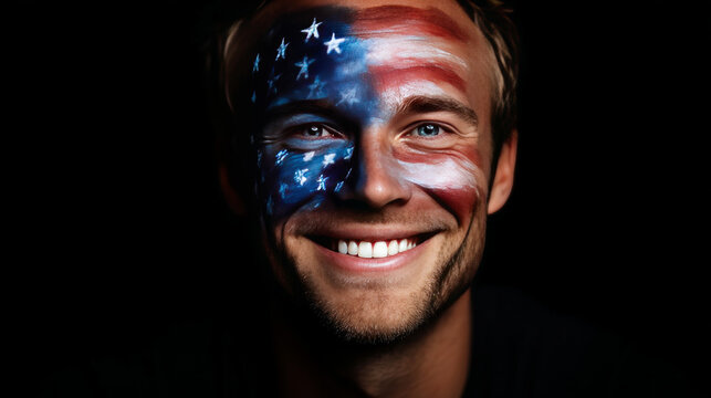 Happy smiling man with face painted in American flag color. Election Day in the USA. America Day. Festive Mood on President's Day