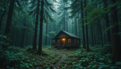 Cozy Cabin in a Dark Green Forest A Slow Motion Rainy Day