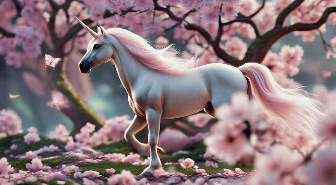 Magical unicorn running through cherry blossoms