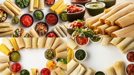 A vibrant collage showcases various arrangements of tamales encircled by bowls of diverse salsas and garnishes, emphasizing their culinary appeal and presentation