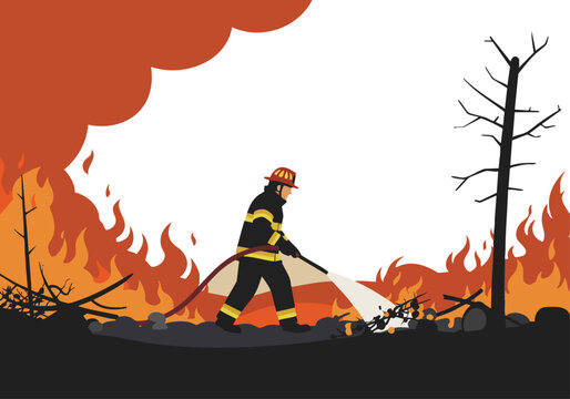 A firefighter battles a wildfire, using a hose to control the flames. Dramatic scene with smoke and a barren tree. Clear tackle illustration.
