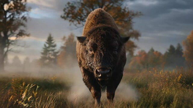 Majestic bison walking through autumn meadow