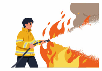 Naklejka premium A firefighter uses a foam-based fire suppression system to combat a vibrant blaze. Dynamic action shot with a clear subject and impactful visual.