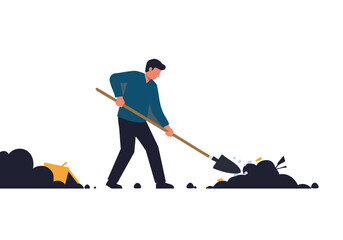 A man clears debris at night with a shovel, creating a clean path. A tent is visible in the background. Minimalist, graphic style.