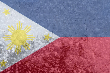 The national flag of the Philippines on a background of snow with large snow crystals close-up
