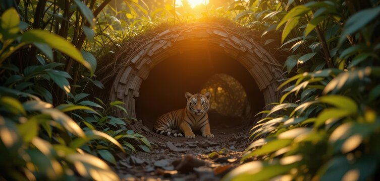  A sun drenched tiger cub den in a vibrant jungle, bathed in the warm glow of golden hour. Focus on texture and detail.