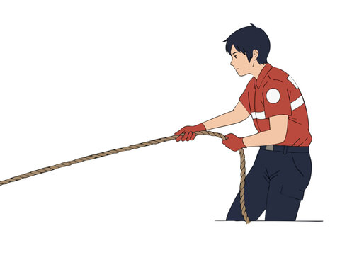 A Red Cross team member pulls a thick rope, demonstrating a strong, controlled pull. Focused action shot with clear composition and professional attire.