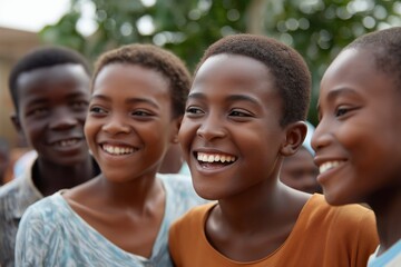Fototapeta premium Joyful african young friends smiling together outdoors in daylight