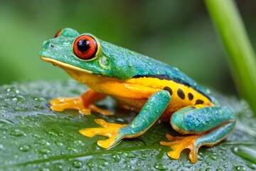 Red eyed tree frog perching on a wet leaf in the rainforest