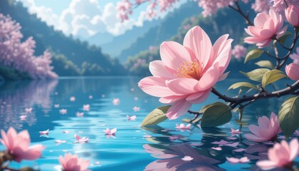  Anime Style Peach Blossom on Sapphire Lake Soft Lighting and Meticulously Detailed Background