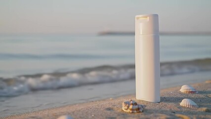 Sun Protection Essentials Beach Day Sun Care, Sunscreen Bottle on Sandy Shore, Ocean Waves Background. Perfect for Summer Skincare, Coastal Relaxation, and Sun Safety.