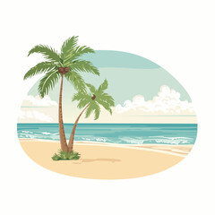 Obraz premium Vector Tropical sandy ocean beach with palm trees, vintage background
