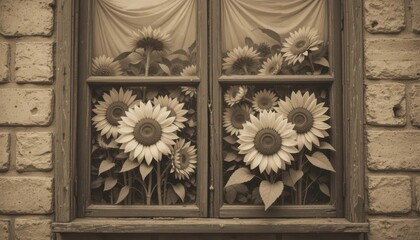  Vintage Sunflower Photo An old picture of sunflowers that are set in an antique window, with sepia tone to create a sense of
