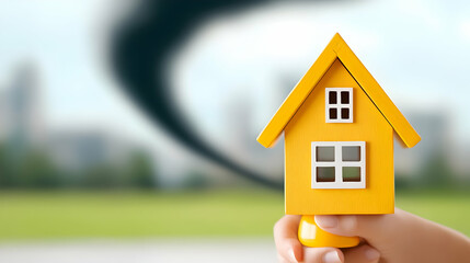 painting captures impending danger of a tornado with its ominous dark clouds swirling vortex and perilous plight of vulnerable occupants in wooden