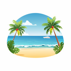 Obraz premium Vector Tropical sandy ocean beach with palm trees, vintage background
