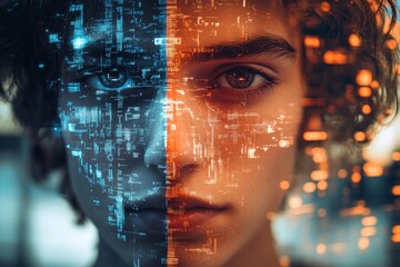 Close-up of young man with digital code overlay, symbolizing ai, machine learning, and future technologies