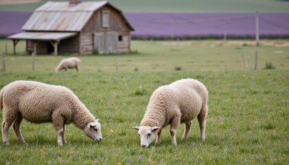 Fototapeta premium Two Domestic Sheep Grazing in a Lush Meadow with a Rustic Barn in a Rural Landscape