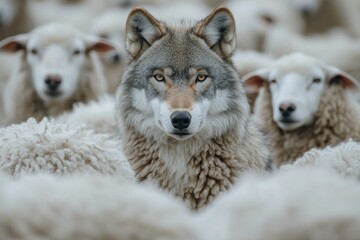Obraz premium Wolf hiding among sheep, blending in with the flock and camouflaging itself to deceive and hunt