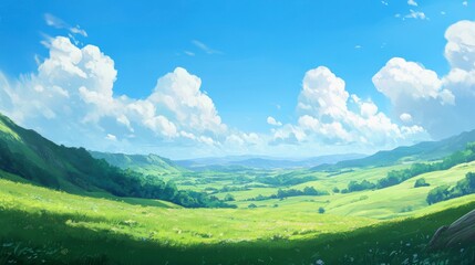 Idyllic sunny valley landscape with lush green meadows, rolling hills, and fluffy white clouds in a vibrant blue sky.