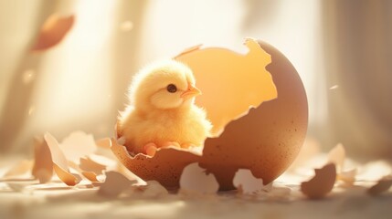 Cute fluffy chick inside broken eggshell.