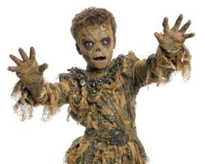 Person dressed as mummy with tattered, ancient looking bandages and dramatic pose, isolated on transparency background. costume features intricate details and evokes spooky, eerie atmosphere