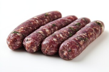 Four raw sausages seasoned with herbs lying on a white background, ready to be cooked