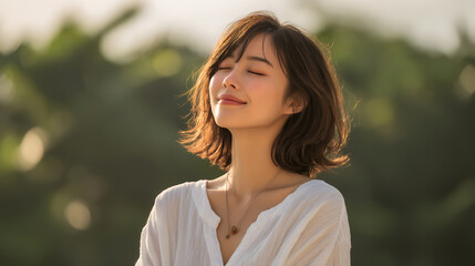 Naklejka premium 森の中で深呼吸する女性