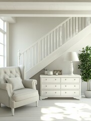 pixel perfect picture of White living room interior chest of drawers stairs high detail