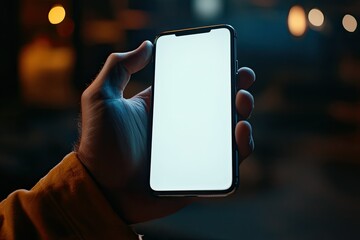 High Resolution Image of Man Hand Touching Smartphone with Blank Screen Mock Up
