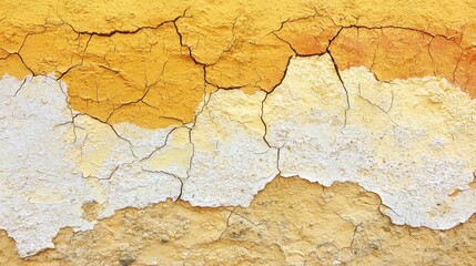 Obraz premium Texture of weathered wall with peeling paint revealing layers of yellow and white in a rustic setting during daylight