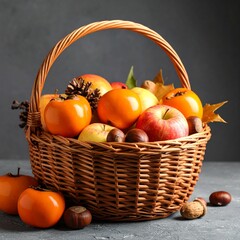 スモーキーグレーのマットな背景に手編みかごがあり、秋のリンゴ、栗、柿が優しく盛られている。弱い自然光が落ち着いた季節感と果物の質感を繊細に引き立てる