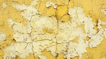 Fototapeta premium Peeling yellow paint reveals texture and character on an old wall in a weathered urban setting during daylight