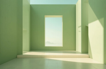 Fototapeta premium Minimalist Green Interior with Large Window and Steps
