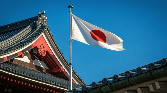Macro 4K HD video of the Japanese flag waving at a traditional temple, showing crisp detail and cultural pride in every frame.