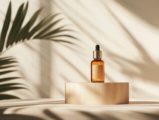 ultra quality picture of Product display podium for serum with a light backdrop and blurred shadows of palm leaves creating a minimalistic seasonal scene high detail 8k