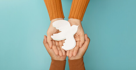 Hands gently holding a white dove symbolizing peace, harmony, human rights, and anti-violence values