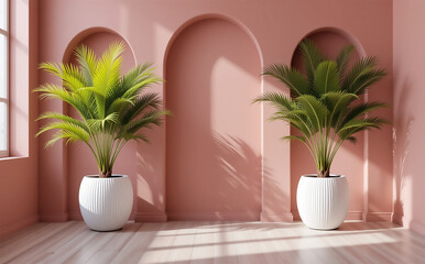 Fototapeta premium Modern Interior Design with Pink Walls, Arches, and Large Potted Palm Plants