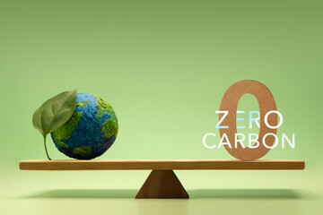 Zero Carbon Emission Environmental concept. Balance between Green Leaf Globe and zero carbon icon, reflecting sustainability and pollution