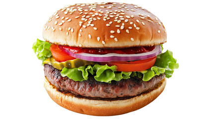 Plant-based burger with colorful toppings and sesame bun, studio lighting, isolated on white, top view, PNG