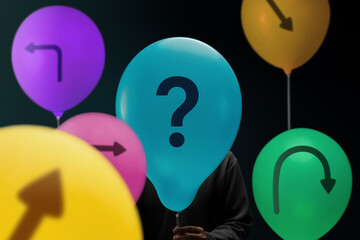 Economic uncertainty symbolized by arrows and a question mark on Balloon, reflecting volatility and lack of clear direction